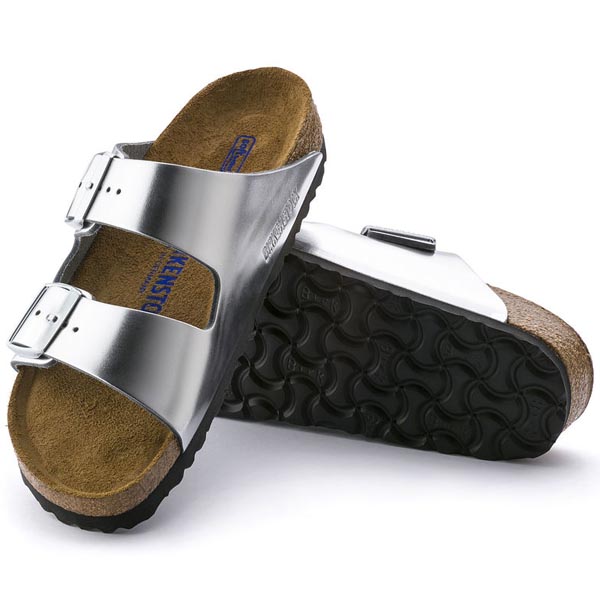 BIRKENSTOCK Arizona Soft Footbed Metallic Silver - black sole Leather Outlet Store